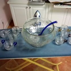 Glass Punch Bowl, Twelve Glass Cups, Glass long handle ladle