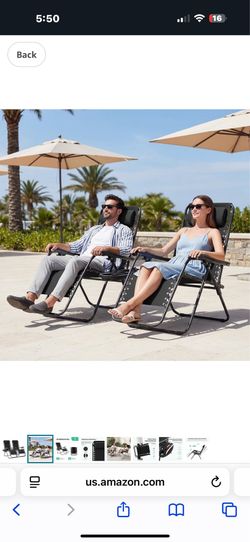 New in box Zero Gravity Lounge Chairs Set of 2, Adjustable Steel Mesh Recliners w/Pillows and Cup Holder Trays for Patio, Garden, Beach, Black