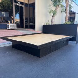 Mid Century Modern Black Queen Platform Bed Frame with 2 Drawers and Storage Headboard