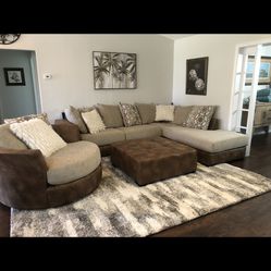 Sectional Couch With Chaise, Swivel Chair, And Ottoman
