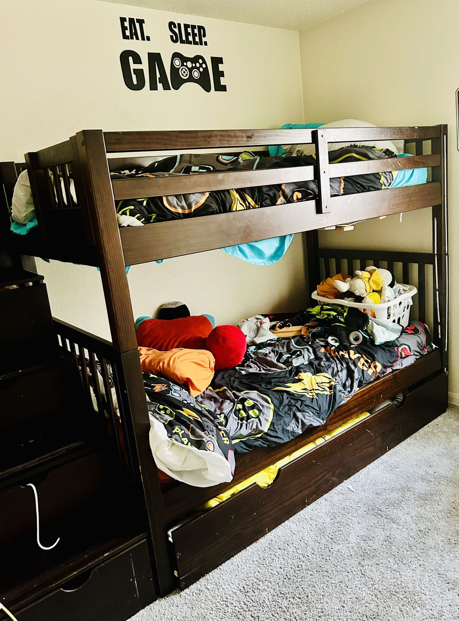 Twin Size Solid Wood Kids Storage Steps Trundle Bunk Bed.