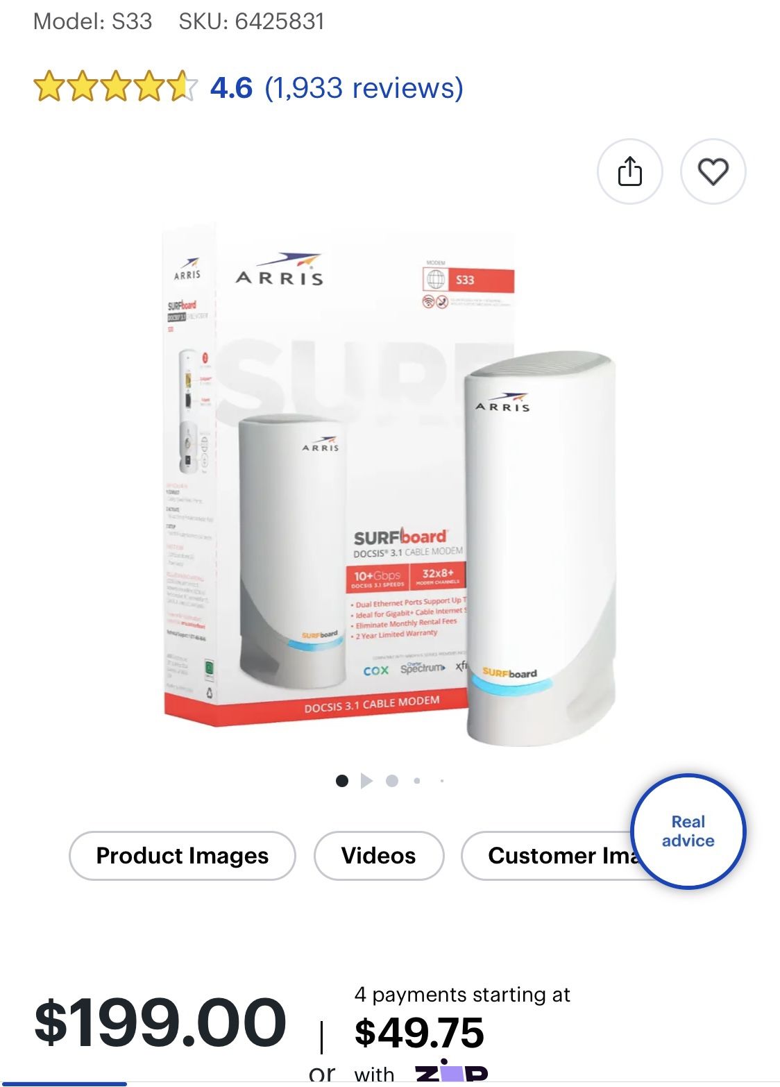 ARRIS - SURFboard S33 32 x 8 DOCSIS 3.1 Multi-Gig Cable Modem with 2.5 Gbps Ethernet Port - White