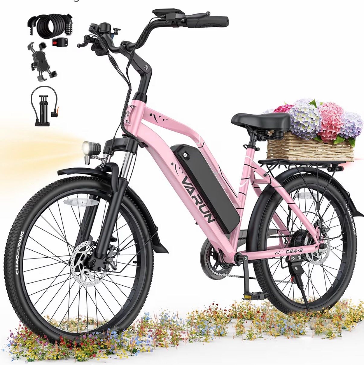 VARUN Electric Bike - Peak 750W Adult Ebike Up to 40Miles, 48V Removable Battery, Shock Absorber, 7-Speed and Dual Disc Brakes,Stylish 24" Cruiser E-B