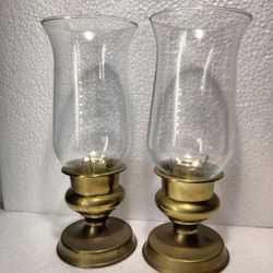 vintage Brass Hurricane Glass Candle Holder 