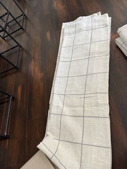 Cream Linen Curtain Panel with Gray Grid Pattern