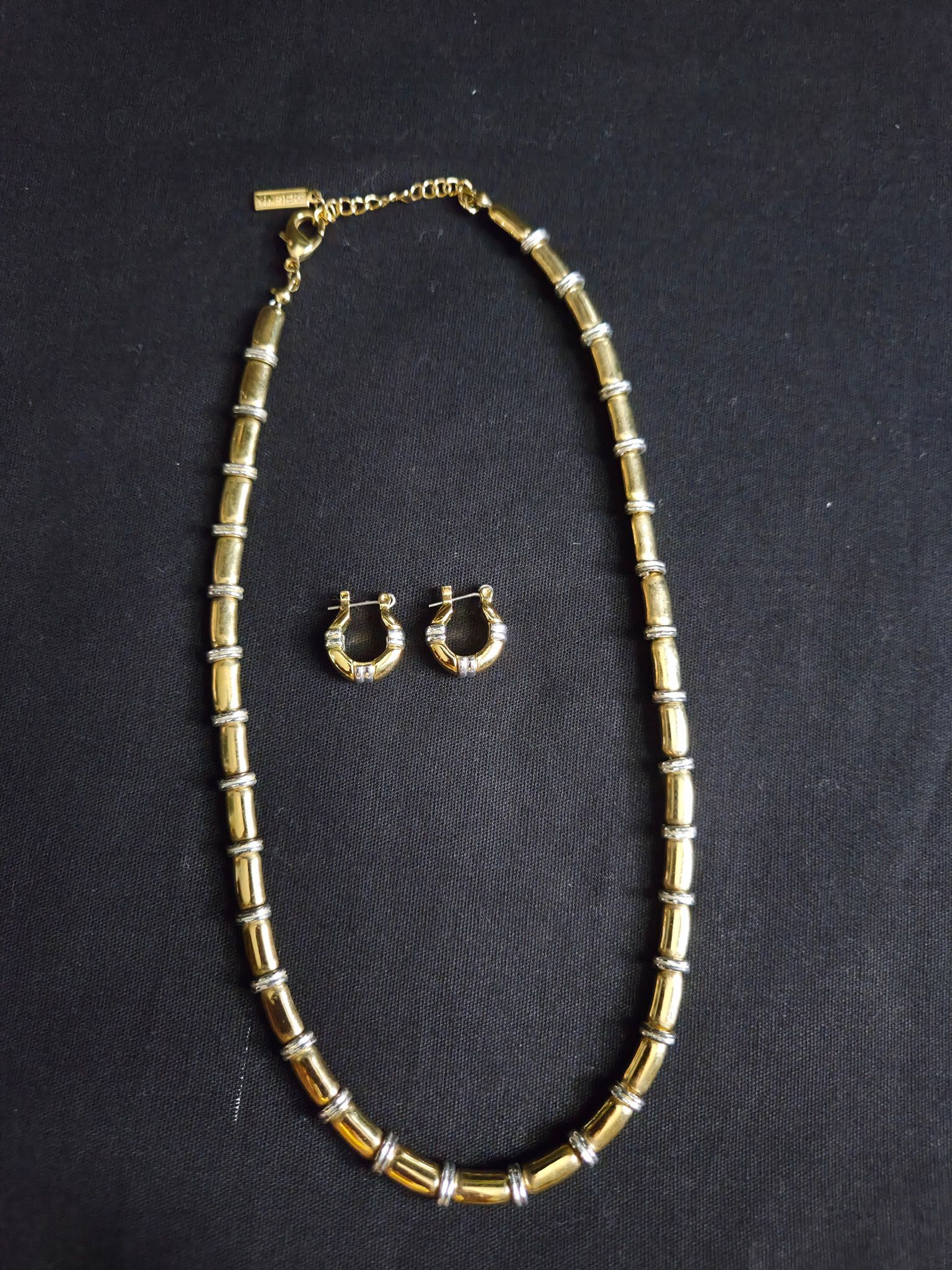 NAPIER Gold & Silver Tone Bamboo Style 18" Necklace/Choker & Earrings(.60") Vtg