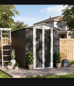 6x9 FT Metal Garden Shed with Hinge Door Grey Outdoor
Tool House Apex Roof