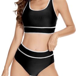 Womens High Waisted Bikini Sets Sporty Color Block Trim 2 Piece Swimsuits Cheeky High Cut Bathing Suits