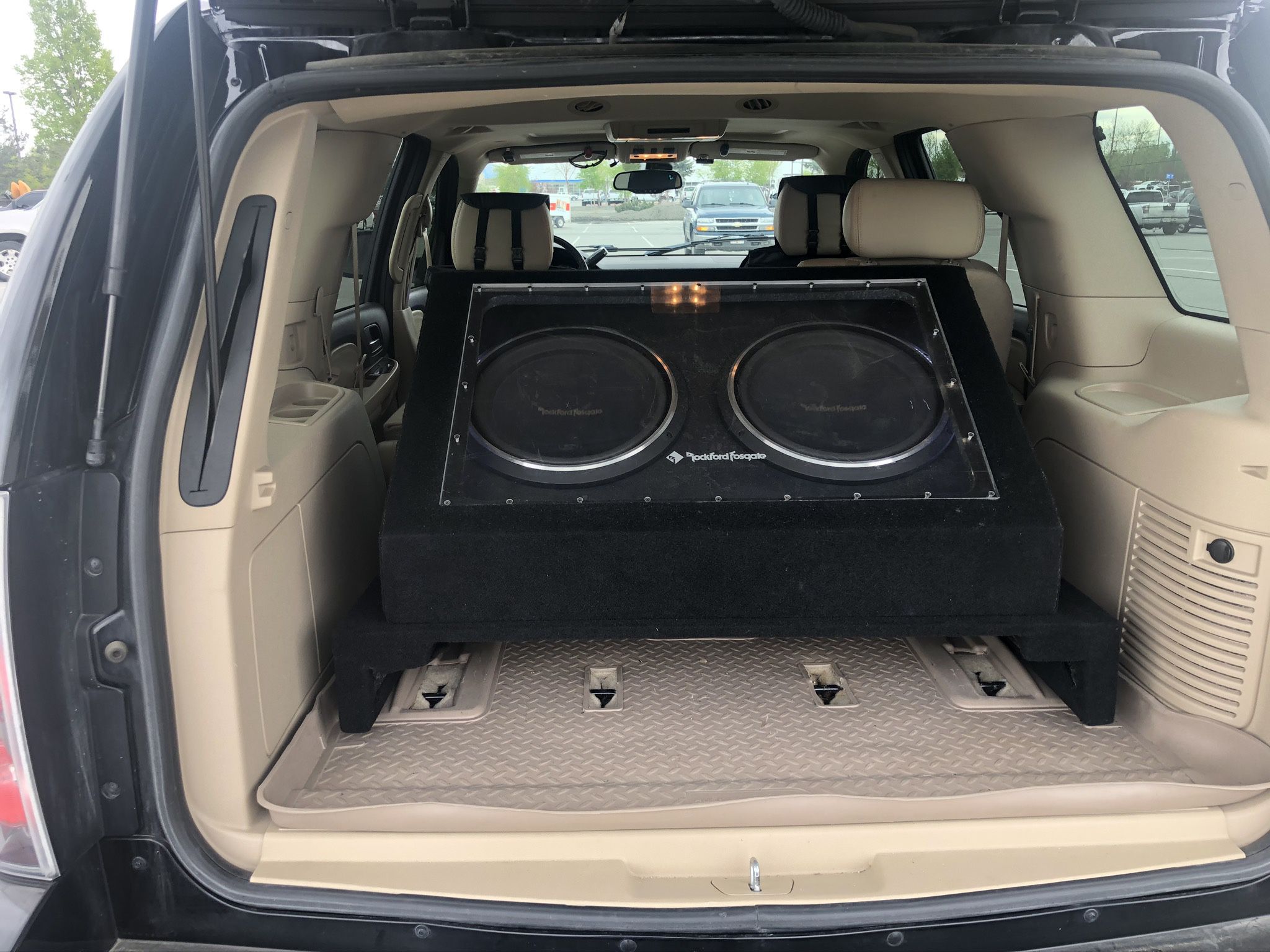 Two Rockford Fosgate P3 15’s In Coustome Lit Box Plexiglass Front 6inches Of Storage Under Black Carpet 
