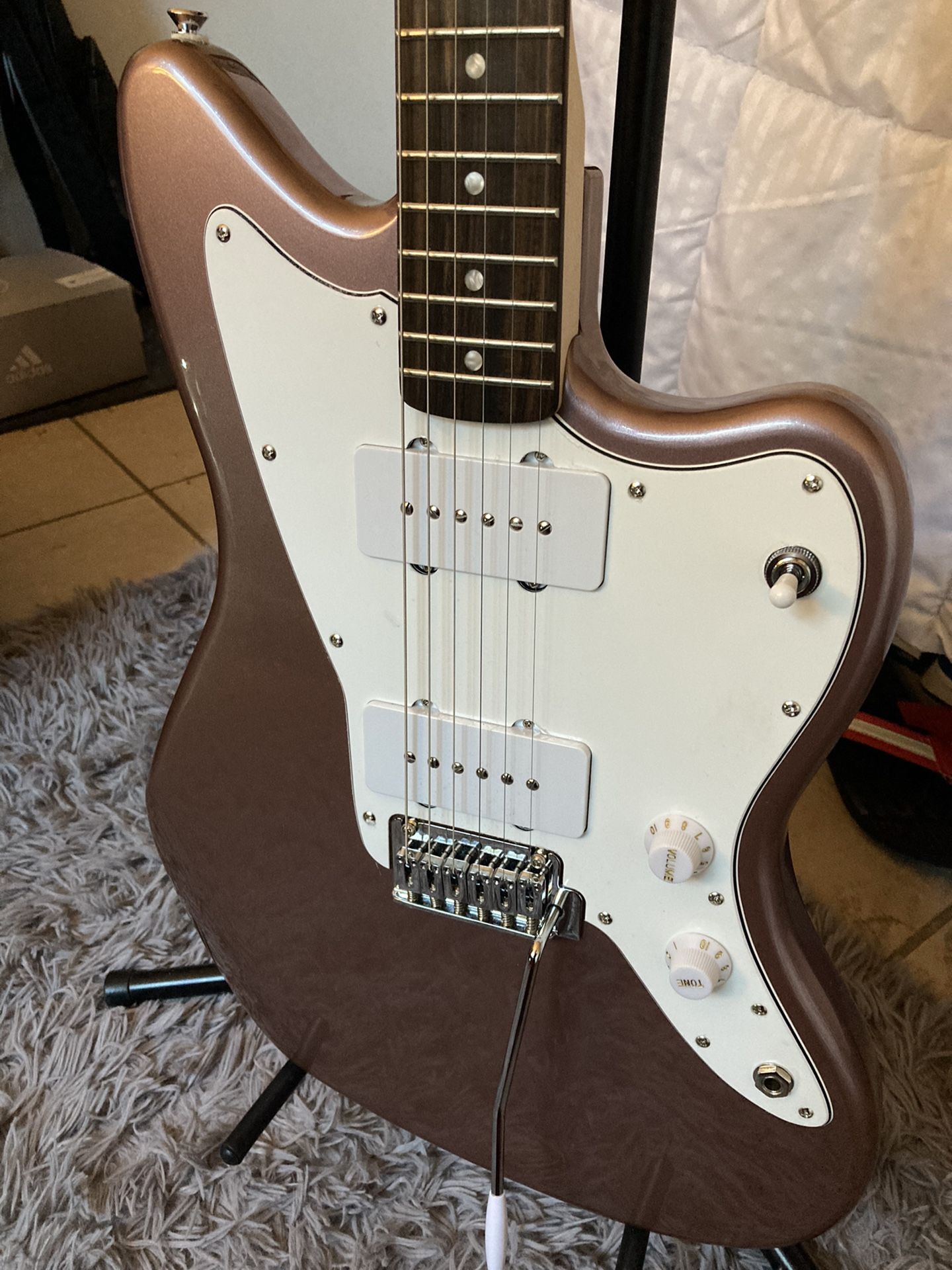 Lavender Squier Jazzmaster Poplar Body Maple Neck Laurel Fingerboard  With New Alnico Magnets Pickups & 5 Fender Springs On Whammy System Affinity