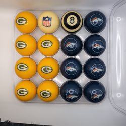 NFL Licenced Billiard Pool Ball Set Green Bay Packers Denver Broncos Rare Custom