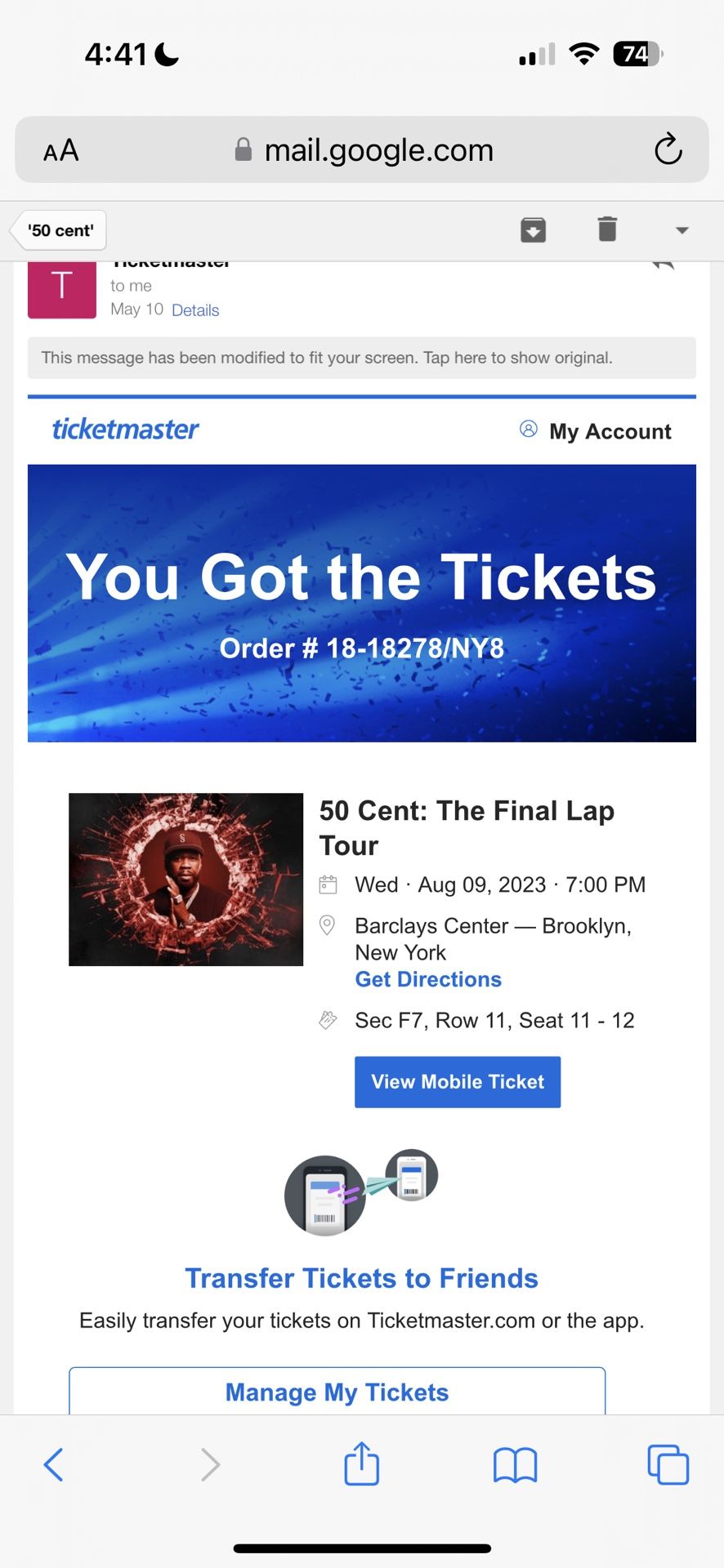 2 Tickets To The 50 Cent Barclay Center Concert . 8/9