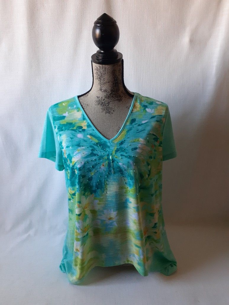 Alfred Dunner womens blue/green floral butterfly short sleeve v-neck top size PM