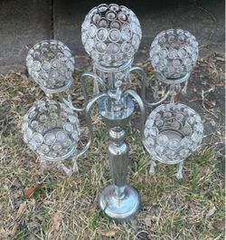 LARGE 26" Inch TALL HOME GOODS 4 Arm 5 Candle Beaded Silver Metal Candelabra