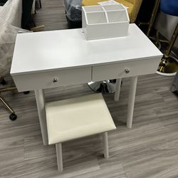 White Vanity 2 Drawer Desk With Stool And Organizer Mirror Not Included 