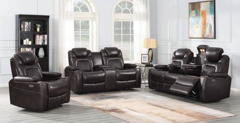 Brand New 2 Piece Dark Brown Power Reclining Sofa and Love Seat Set
