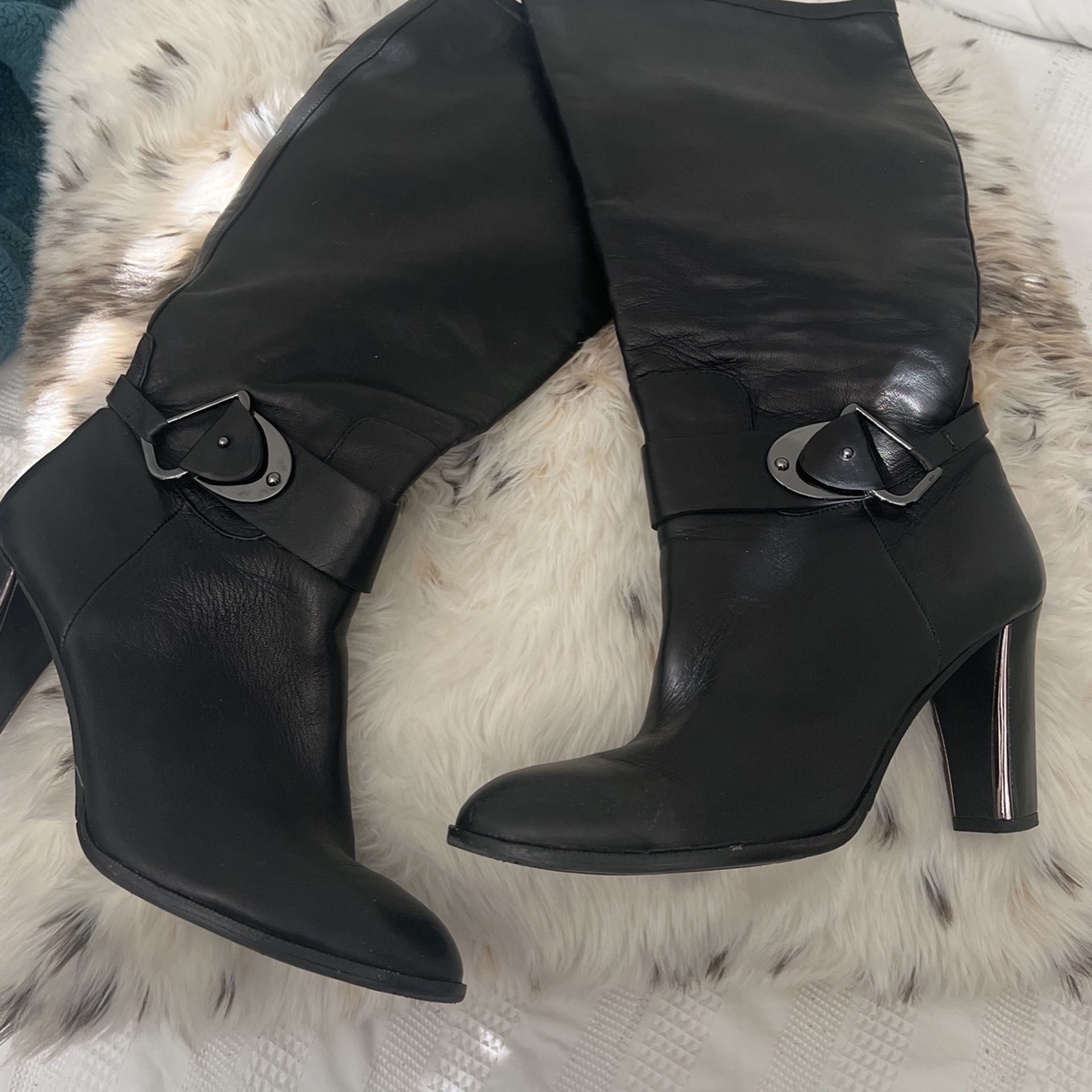 Black Thigh High Leather Womens Boots 