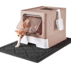 Cat Litter Box with X-Large Litter Mat and Scoop, Large Foldable Litter Box with Lid, Front Top Entry Exit Kitty Litter Box, Odor Control Easy Clean 