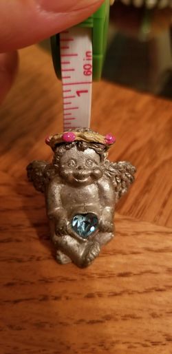 Small Pewter Angel Cherub Figurine with Light Blue Gemstone in Shape of a Heart