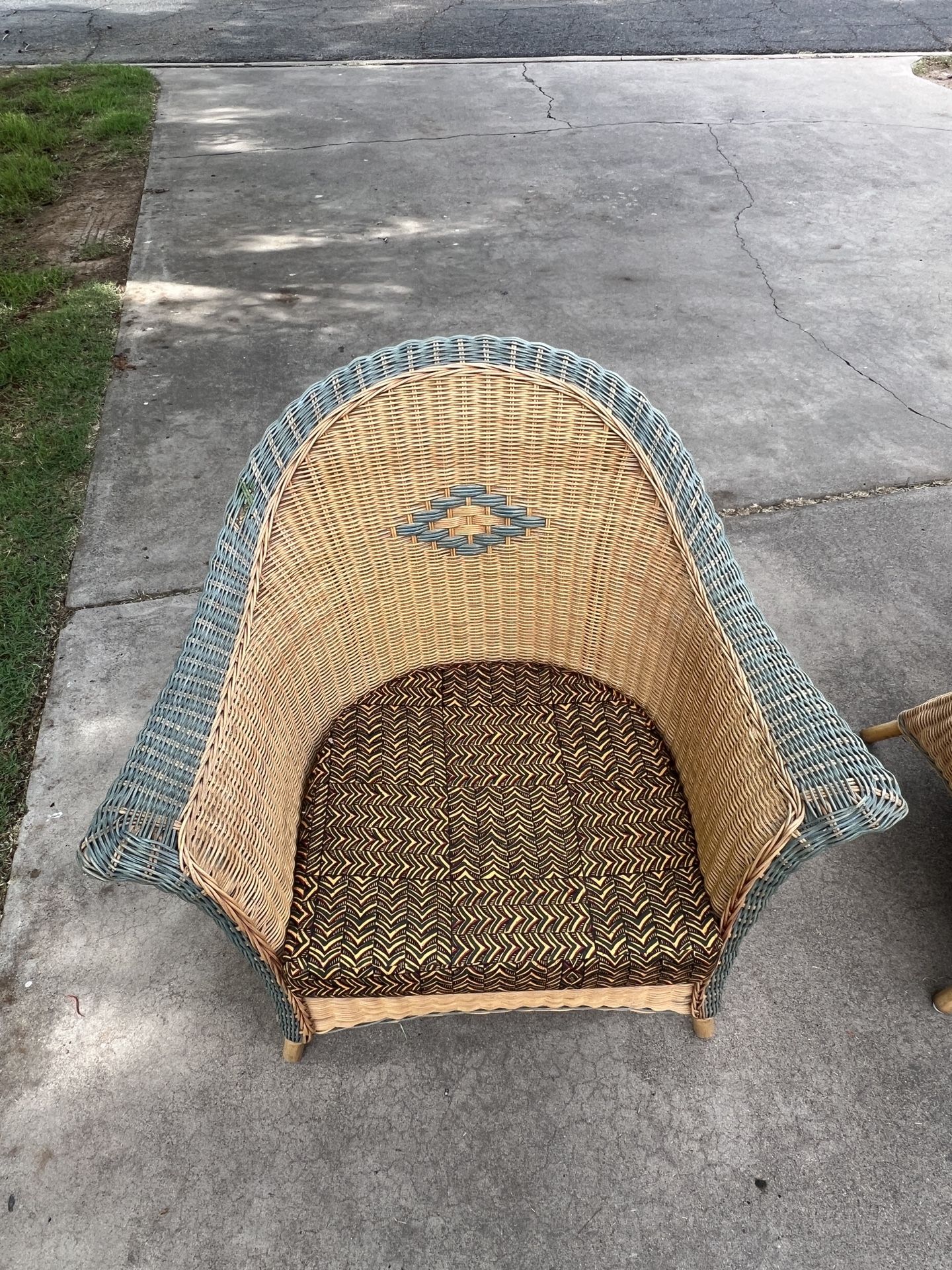 Three (3) Wicker Chairs With Printed Seat Coushins