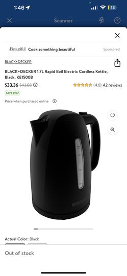 BLACK+DECKER 1.7L Rapid Boil Electric Cordless Kettle, Black, KE1500B