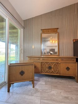 Vintage 1970s Chinoiserie Dresser + Mirror + Nightstand Set – Carved Quatrefoil, Burl Wood