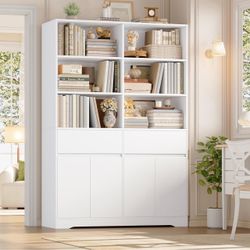 White Bookcase with Cabinet Storage