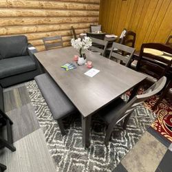 Bridson Gray Dining Table and Chairs with Bench (Set of 6)