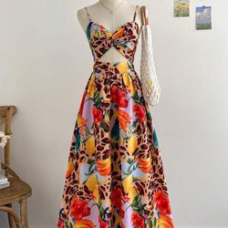 Leopard, Fruit And Toucan Print Knot Front Spaghetti Strap Dress 
