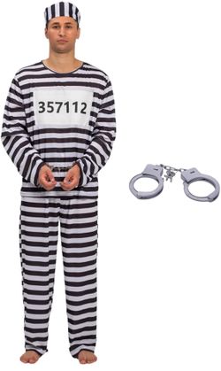 Mens Medium Prisoner costume set with striped shirt, pants, hat, and handcuffs
