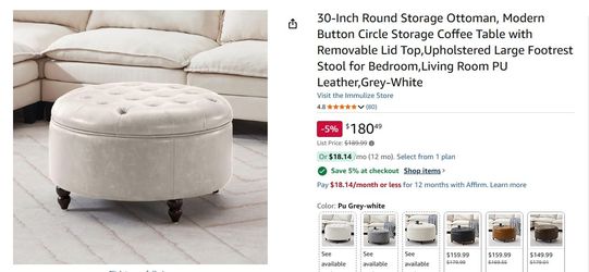 $90/3 pieces.  30-Inch Round Storage Ottoman,ModernButton Circle Storage Coffee Table withRemovable Lid Top,Upholstered Large FootrestStool for Bedroo