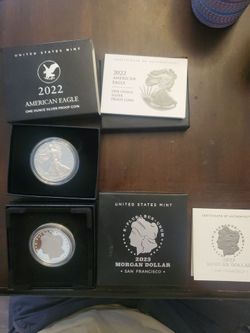 2022 silver proof ASE and 2023 silver morgan dollar