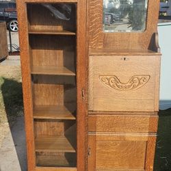 Antique Oak Secretary Drop Down Desk Glass Bookcase/Curio Cabinet