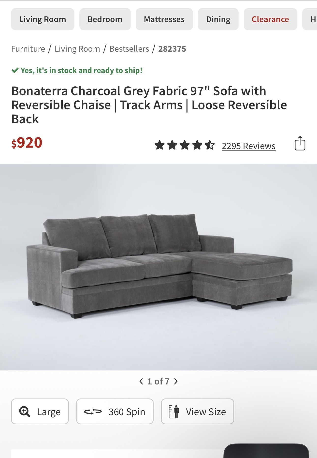 600$$Bonaterra Charcoal Grey Fabric 97" Sofa with Reversible Chaise