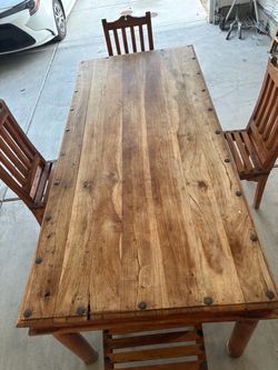 Rustic Solid Wood Dining Table + 4 Slatted Chairs w/ Iron Clavos Details