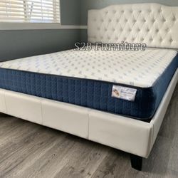 Queen White Crystal Button Bed With Ortho Mattress Included 