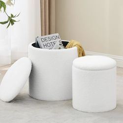 Set of 2 Round Ottomans with Storage, Boucle Storage Ottoman Stool, Soft Plush Upholstered Small Stool, Ottoman Coffee Table, Padded Seat for Living R