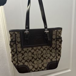 Coach brown and black signature monogram tote bag