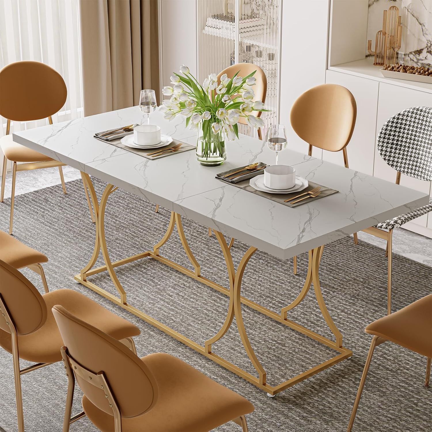 Dining Room Table for 6-8, Rectangular White Dining Table with Gold Metal Frame, 71 in for Kitchen, Living and Dining Room