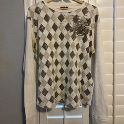 Y2K BOHO POINT ZERO BROWN/WHITE ALL OVER PRINT LONG-SLEEVE THERMAL SIZE L
