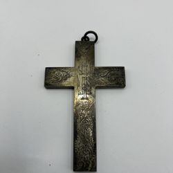 ornate metal religious cross likely from the 18th century. Silverplated.