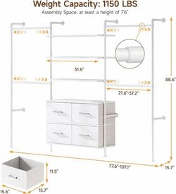 New -T3 Closet System with Stepless Dimmable LED Light, Industrial Pipe Clothing Rack with 4 Drawers, 6 Wooden Shelves & 4 Telescopic Rods, Heavy Duty