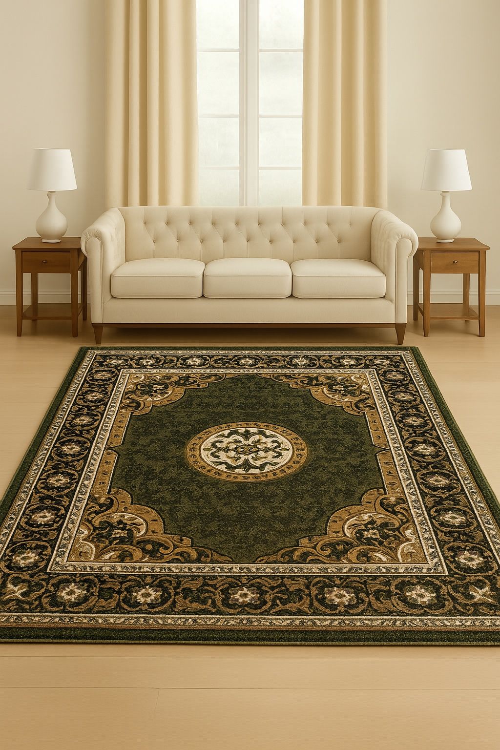5x7 Green Traditional Area Rug with Floral Medallion Design