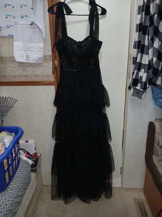 City Studios Sequin Corset Tie Shoulder Layered Gown