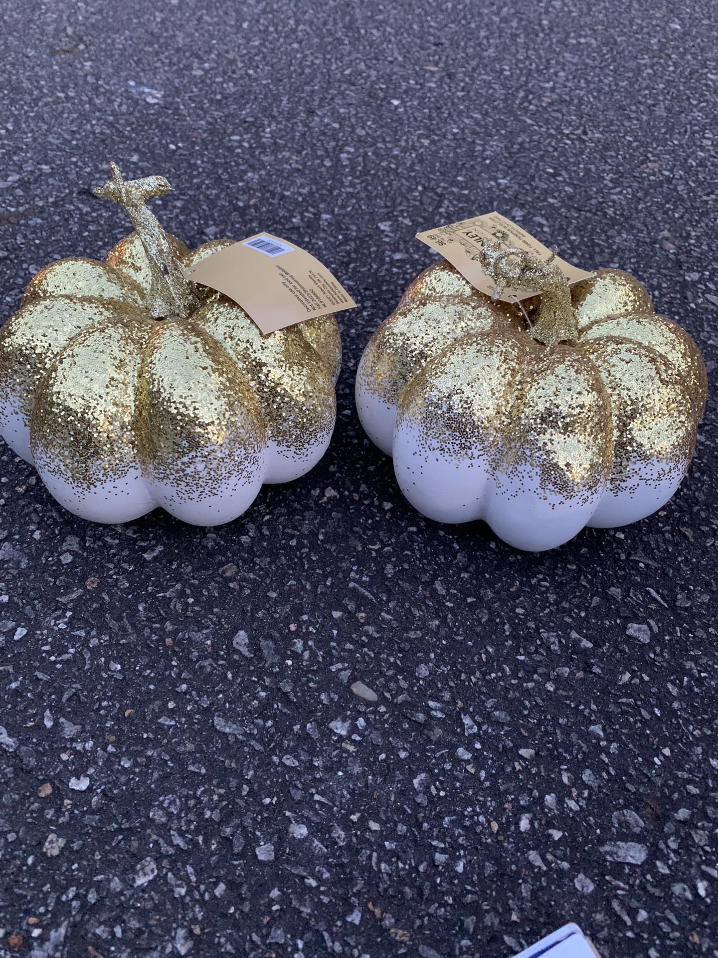 2 Sparkling Gold And White Pumpkins
