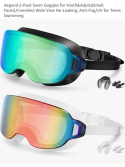 2-Pack Swim Goggles for Youth&Adults(Small Faces),Frameless Wide View No-Leaking, Anti-Fog/UV for Teens Swimming