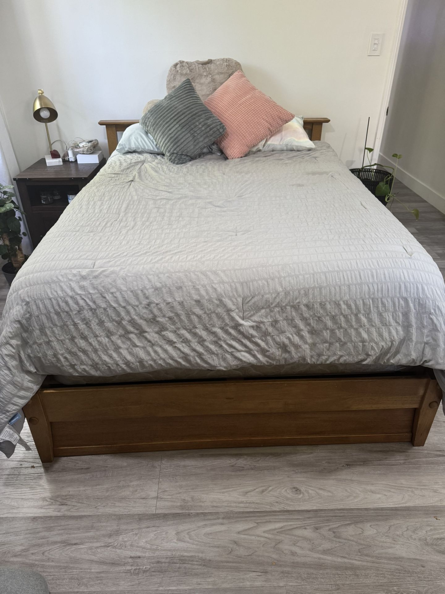 Full Size Natural Wood Bed Frame and Headboard with 4 storage shelves. 80” long