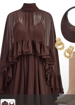 Brown Sheer Ruffle Mini Dress XL