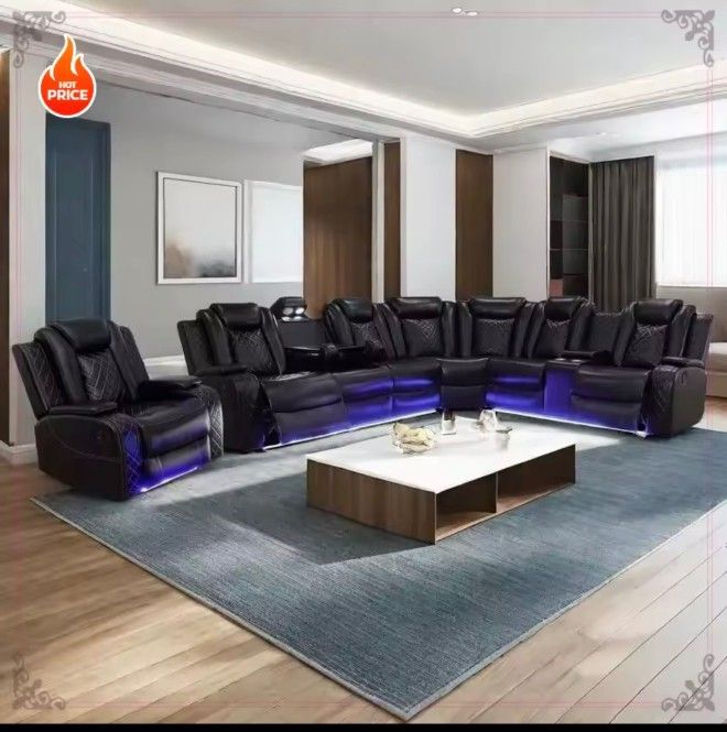 Power Recliner Sofa Sectional Sofa with LED Light for Living Room, Air Leather Reclining Corner Sectional Sofa Set