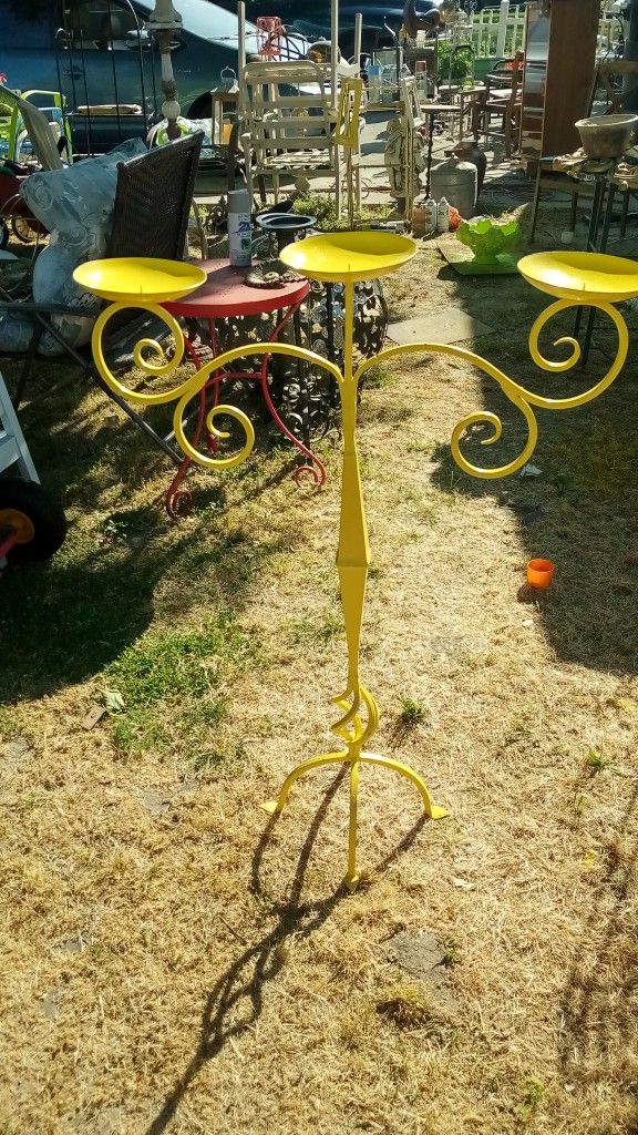 Vintage Yellow Floor Candelabra Stand, 3 Candle Votive Pillar Holder
